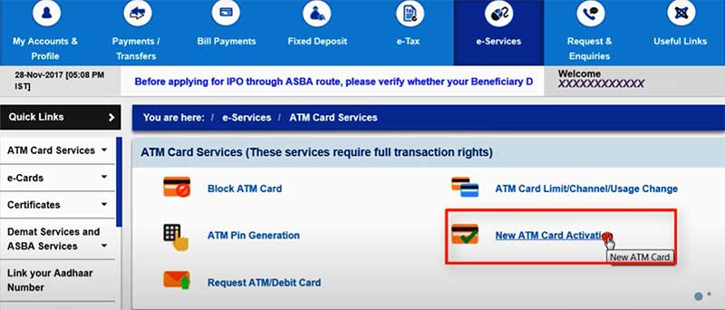 How to activate new SBI debit card in Online Step 3