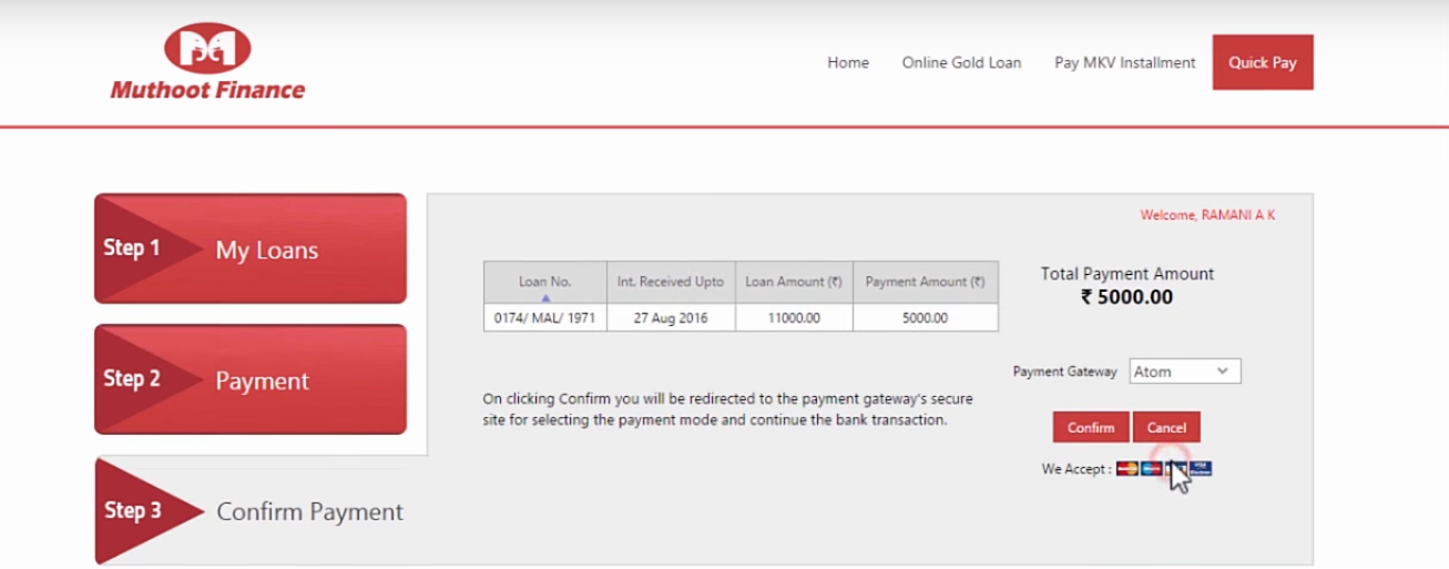 How to pay Muthoot Gold Loan in Online Step 3