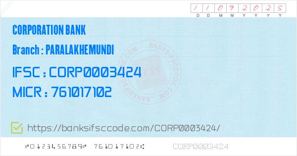 Corporation Bank Paralakhemundi Branch Ifsc Code Gajapati