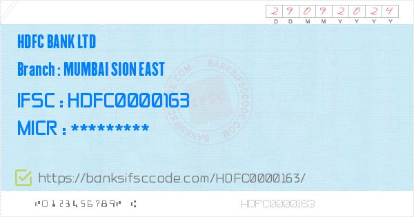 Hdfc Bank Ltd Mumbai Sion East Branch Ifsc Code Greater Mumbai - 