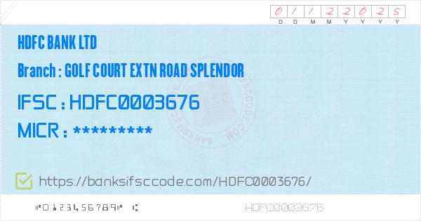 Hdfc Bank Ltd Golf Court Extn Road Splendor Branch IFSC Code Gurgaon
