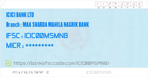 Icici Bank Ltd Maa Sharda Mahila Nagrik Bank Branch Ifsc Code