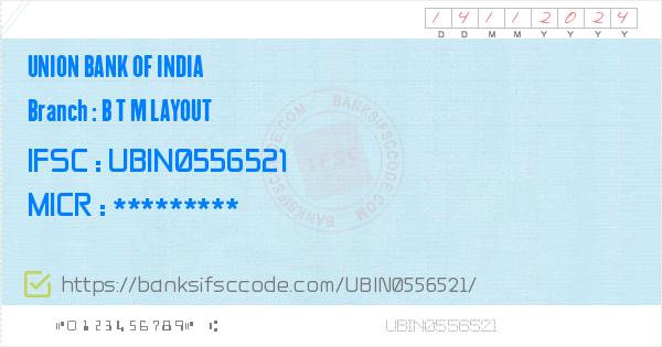 Union Bank Of India B T M Layout Branch IFSC Code - Bangalore Urban ...